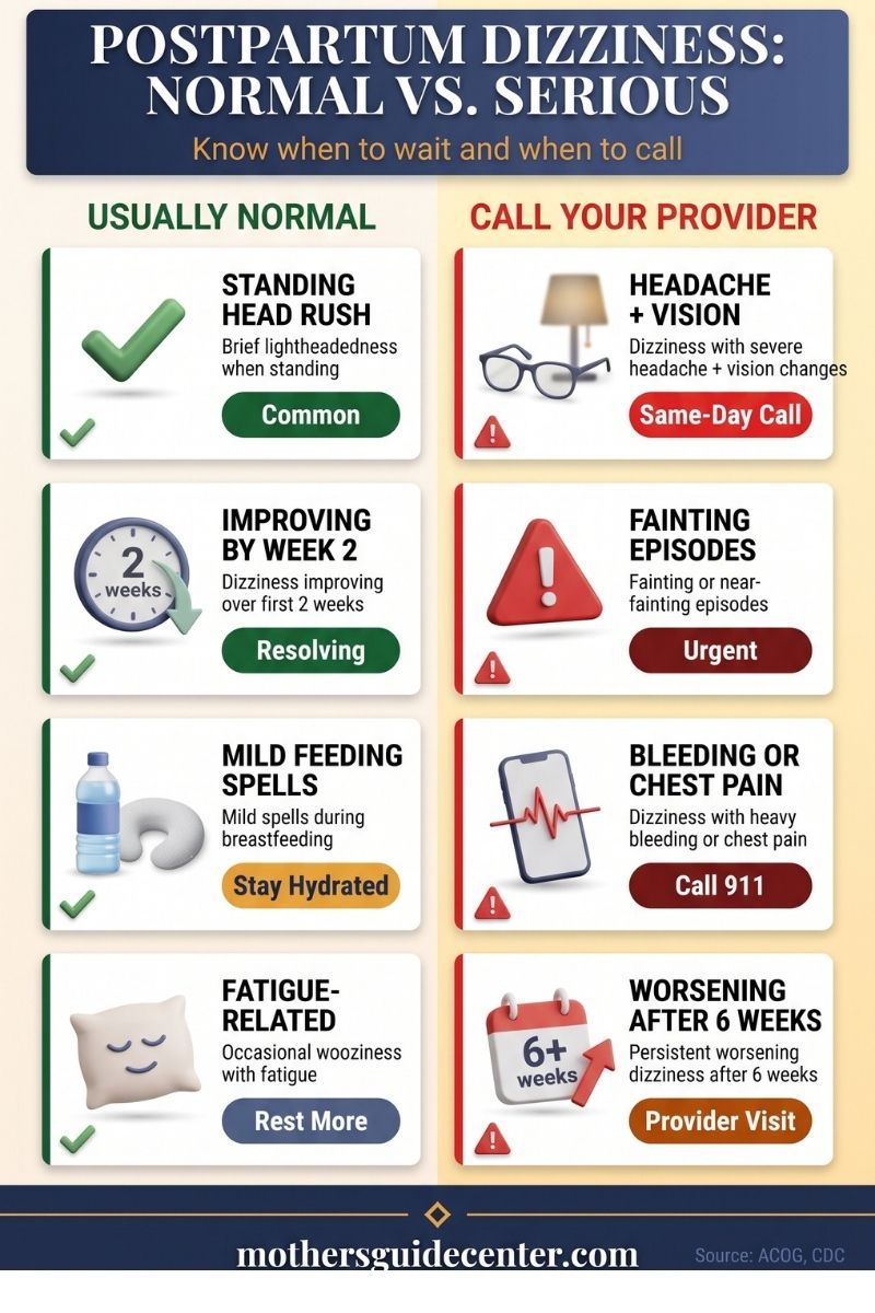 Side-by-side infographic comparing normal postpartum dizziness symptoms with warning signs that need medical attention