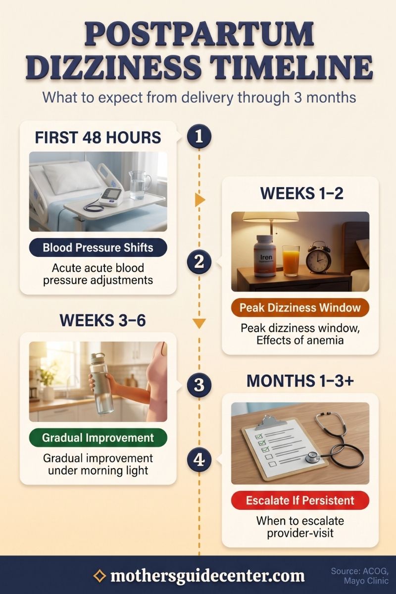 Vertical timeline infographic showing postpartum dizziness recovery phases from first 48 hours through 3 months with escalation guidance