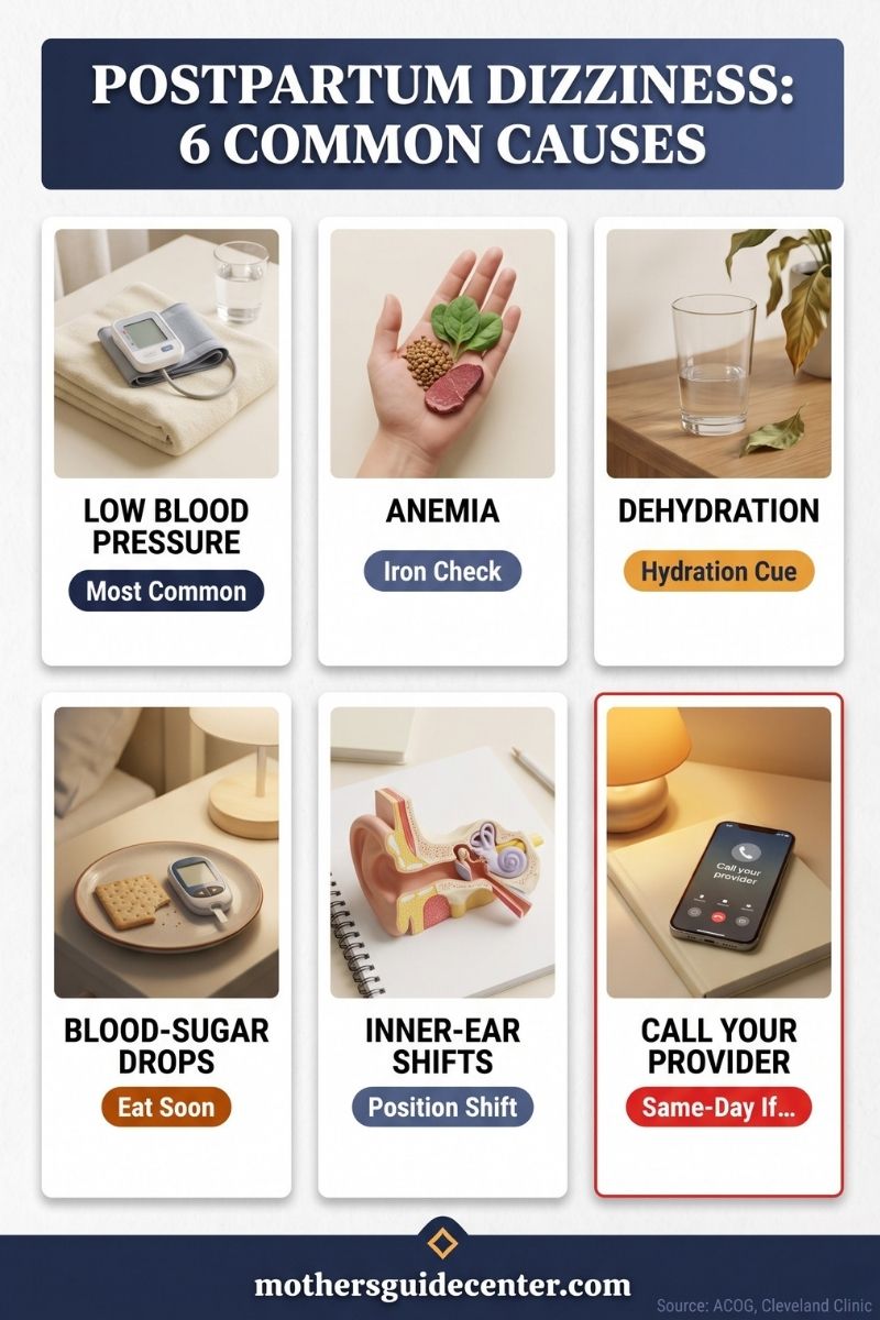 Vertical infographic listing six common causes of postpartum dizziness with a same-day provider-contact reminder card